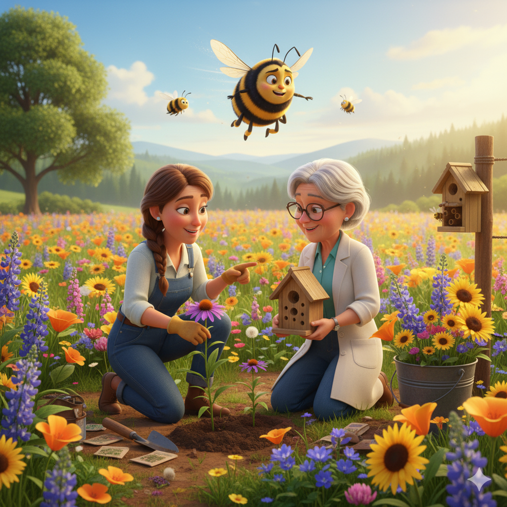 Farmer Lila and Dr. Rivera creating a bee-friendly garden