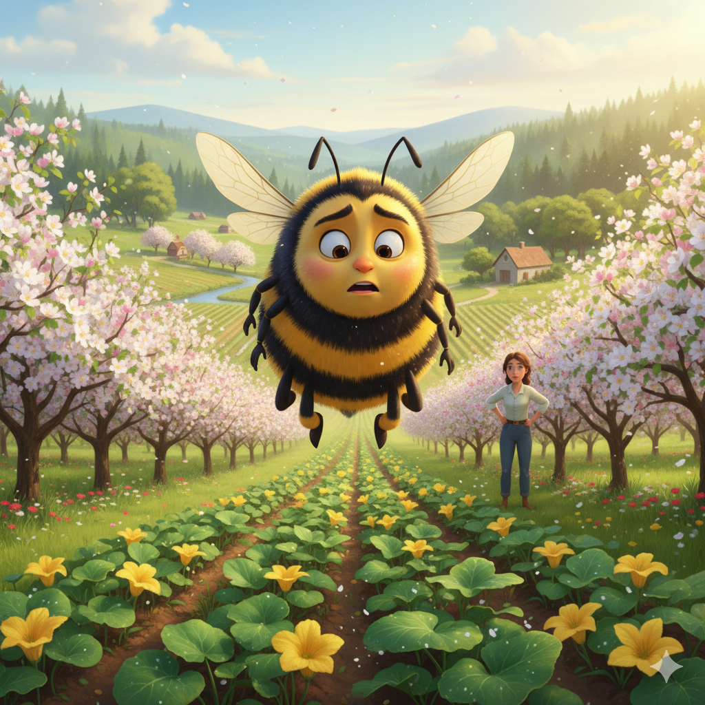 Buzz the bee flying over Willow Creek Farm