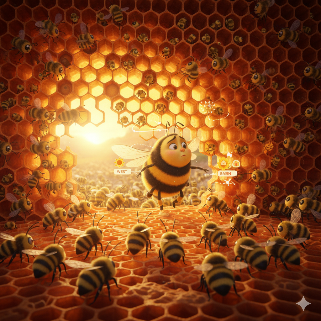 The hive at sunset with bees performing the waggle dance