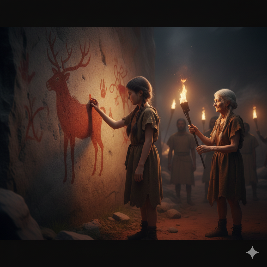 Lira painting a deer on the cave wall by firelight