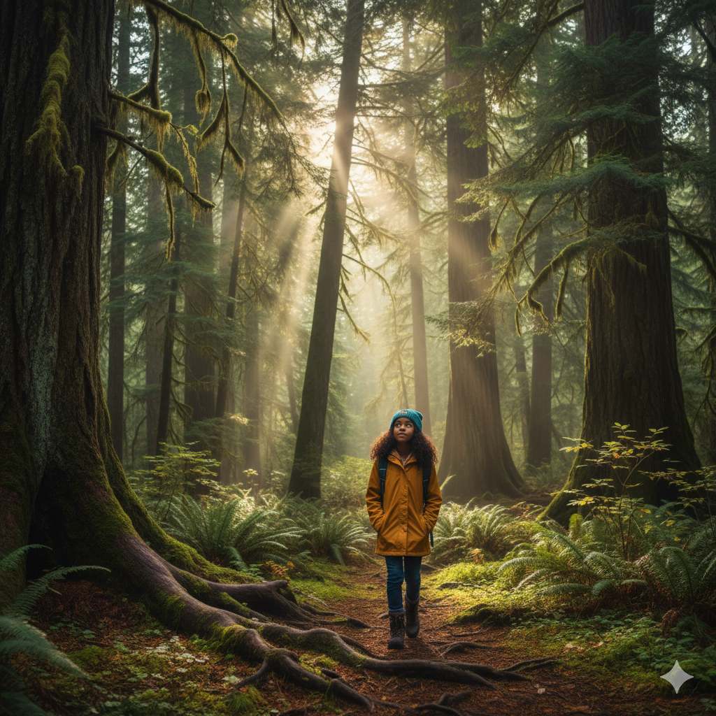 Young girl Nia walking through a Pacific Northwest forest