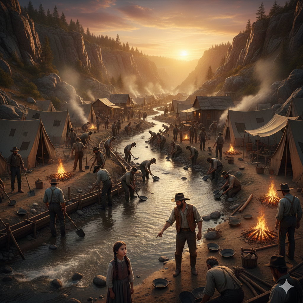 Eureka Creek mining camp with tents and miners along the banks