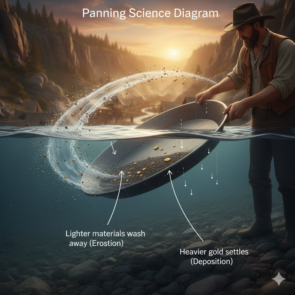 Diagram showing how heavy gold settles while lighter materials wash away