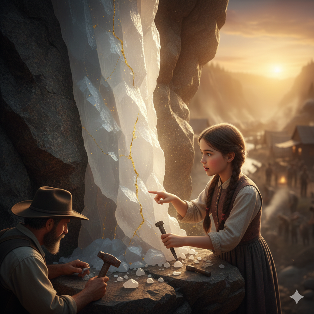 White quartz vein cutting through dark canyon rock with hints of gold