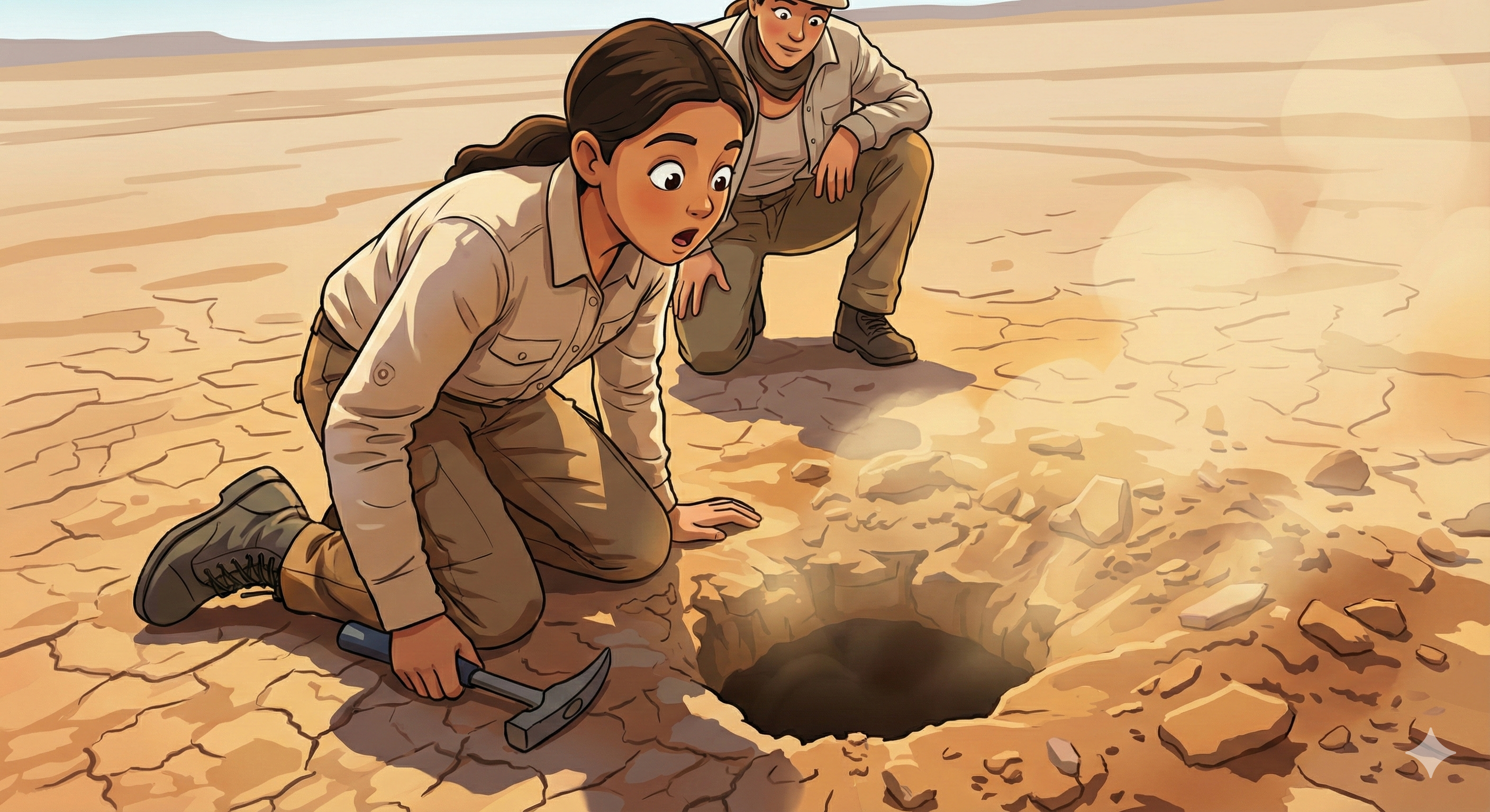 Mira and her mother discovering a hidden cave opening in the desert