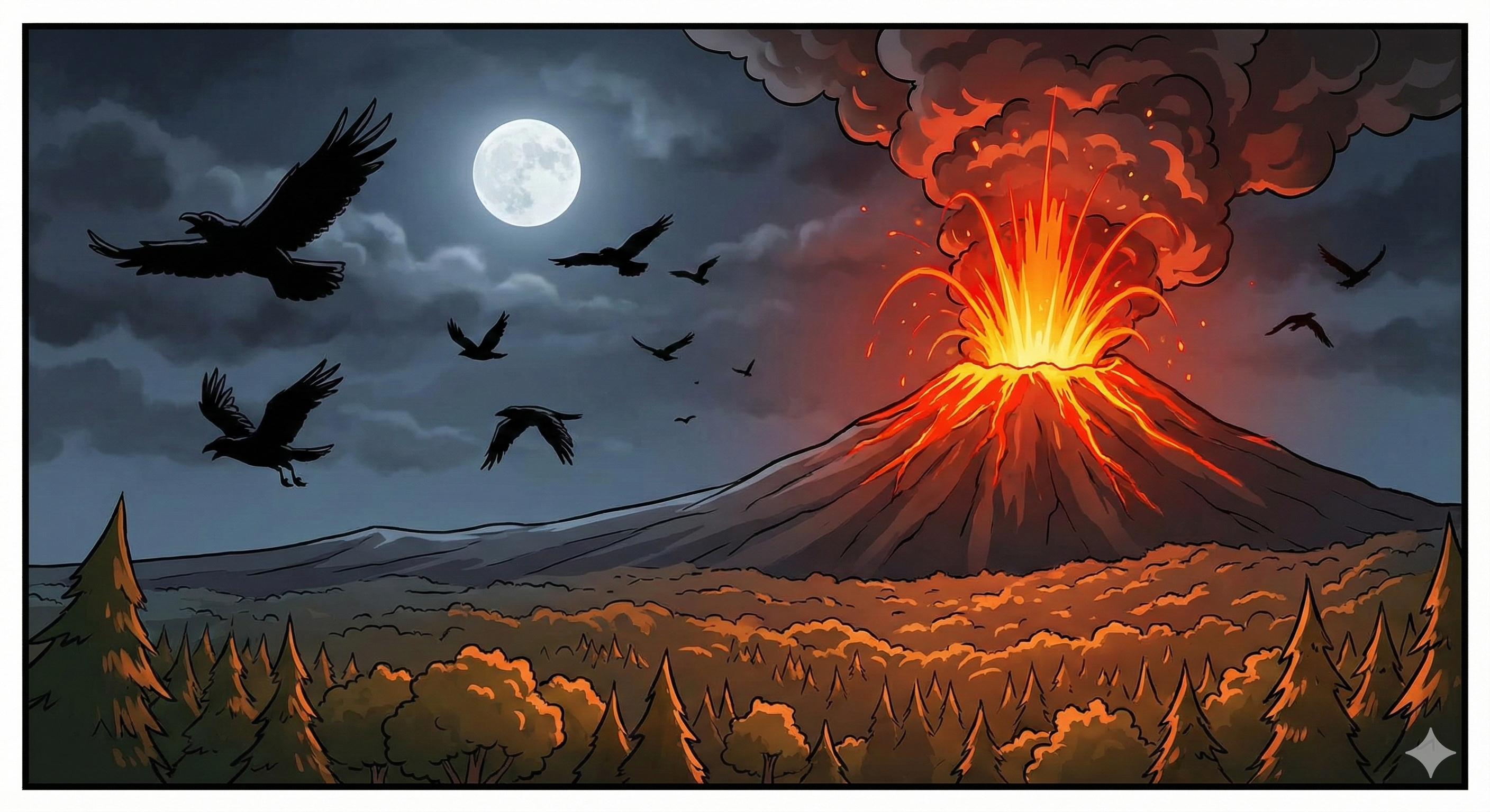 The volcano erupts at night