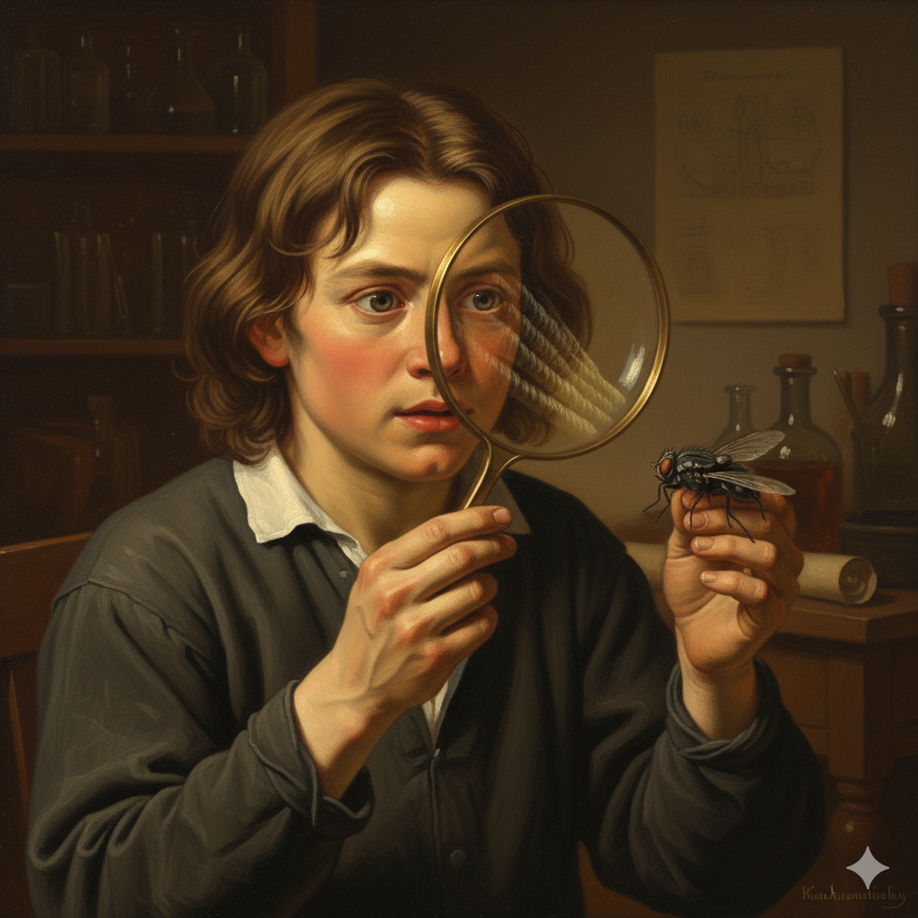 Young Antonie van Leeuwenhoek examining a lens