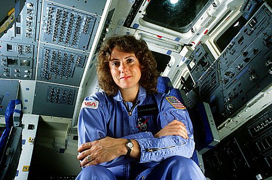 Christa McAuliffe in the Space Shuttle simulator